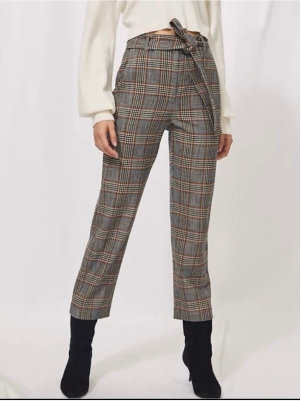 Wilfred New Tie-Front Check Pant Size 8 Aritzia Plaid Grey Brown Multi